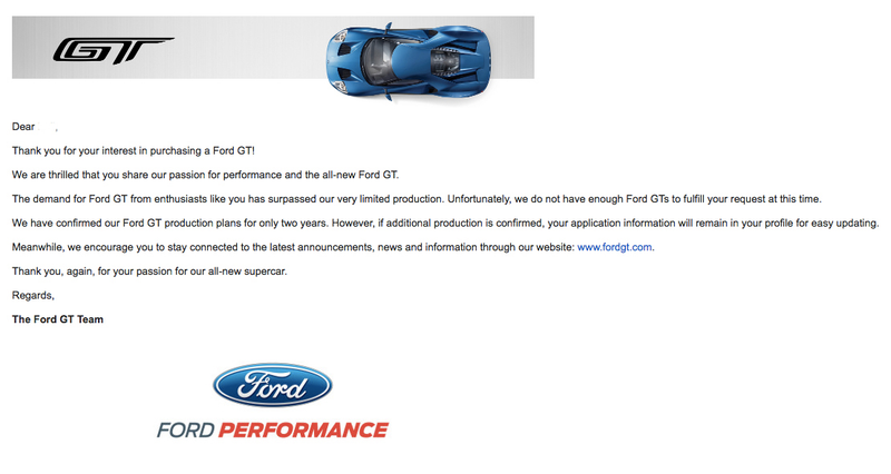 Illustration for article titled The Ford GT Rejection Letter Is The Saddest Thing In The World